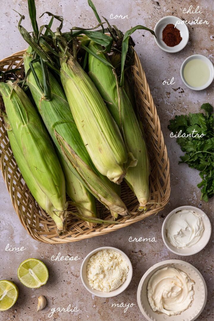 All the ingredients needed to make elote.