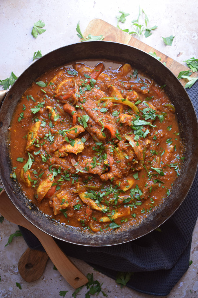 Chicken Jalfrezi in a skillet.