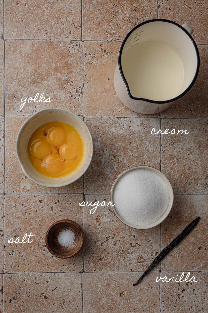 All ingredients needed to make vanilla Crème Brûlée.