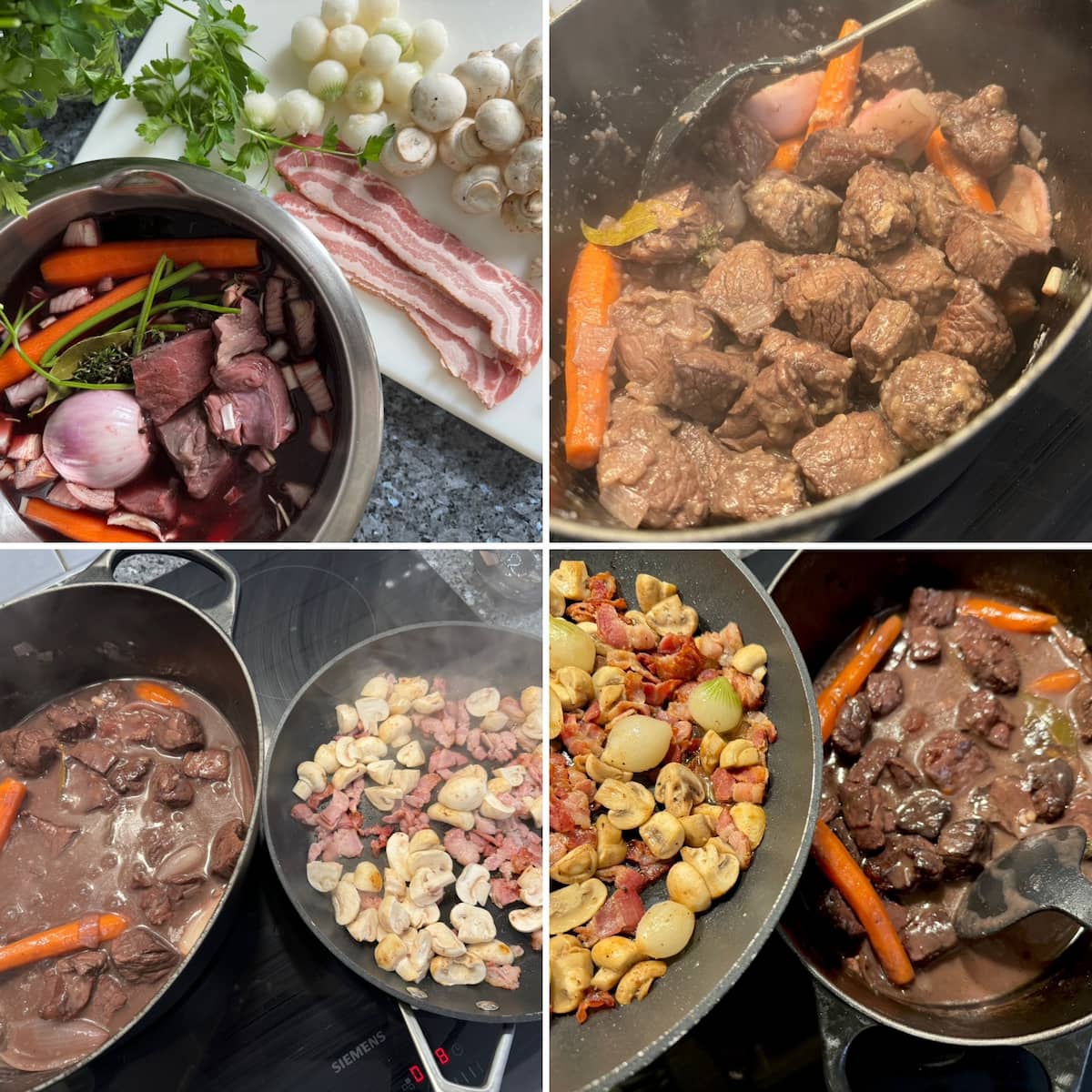 Cooking steps for Burgundy beef stew in red wine and garnish preparation.