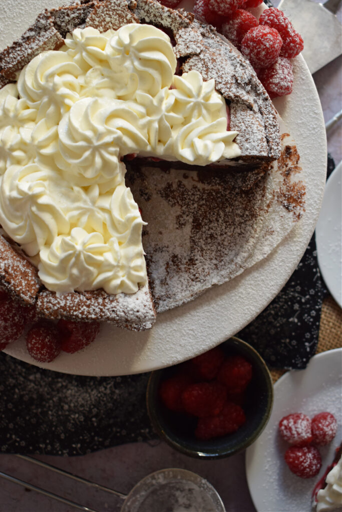 Chocolate raspberry torte on a plate.