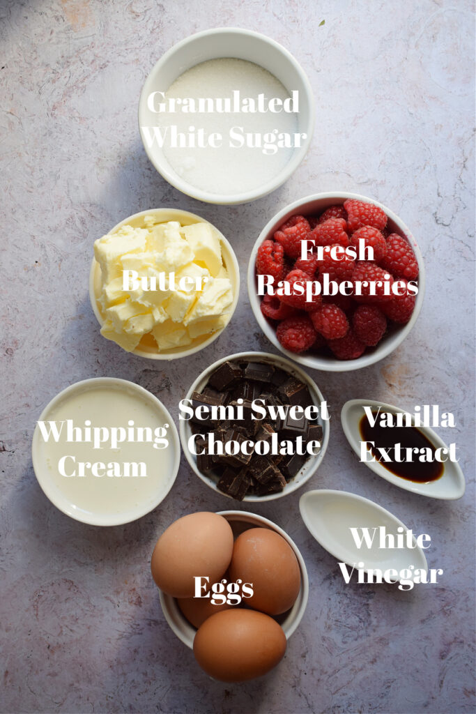 Ingredients to make a chocolate raspberry torte.