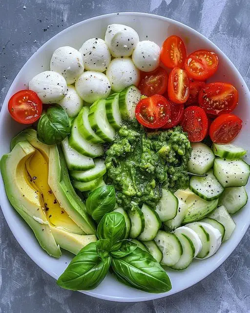Avocado Salad with Mozzarella, Basil Pesto, Tomatoes, and Cucumbers