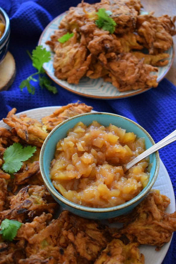 Onion Bhajis with Spicy Mango Chutney on a plate
