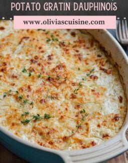A gratin dish with Potato Gratin Dauphinoise.