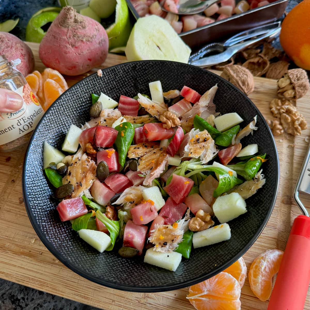 Roast beetroot salad with apple, leaves, nuts, seeds, orange and smoked mackerel