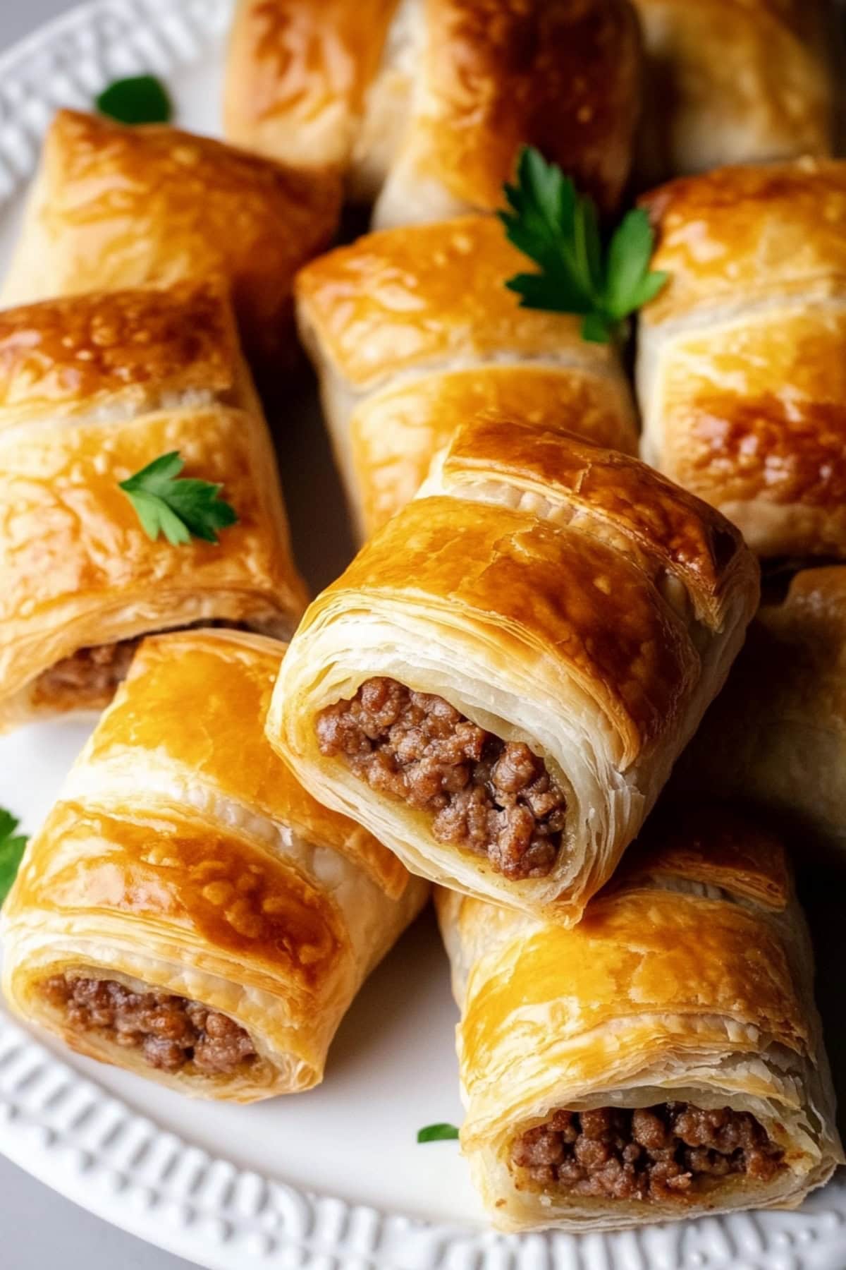 Golden-brown sausage rolls fresh from the oven, with flaky puff pastry.