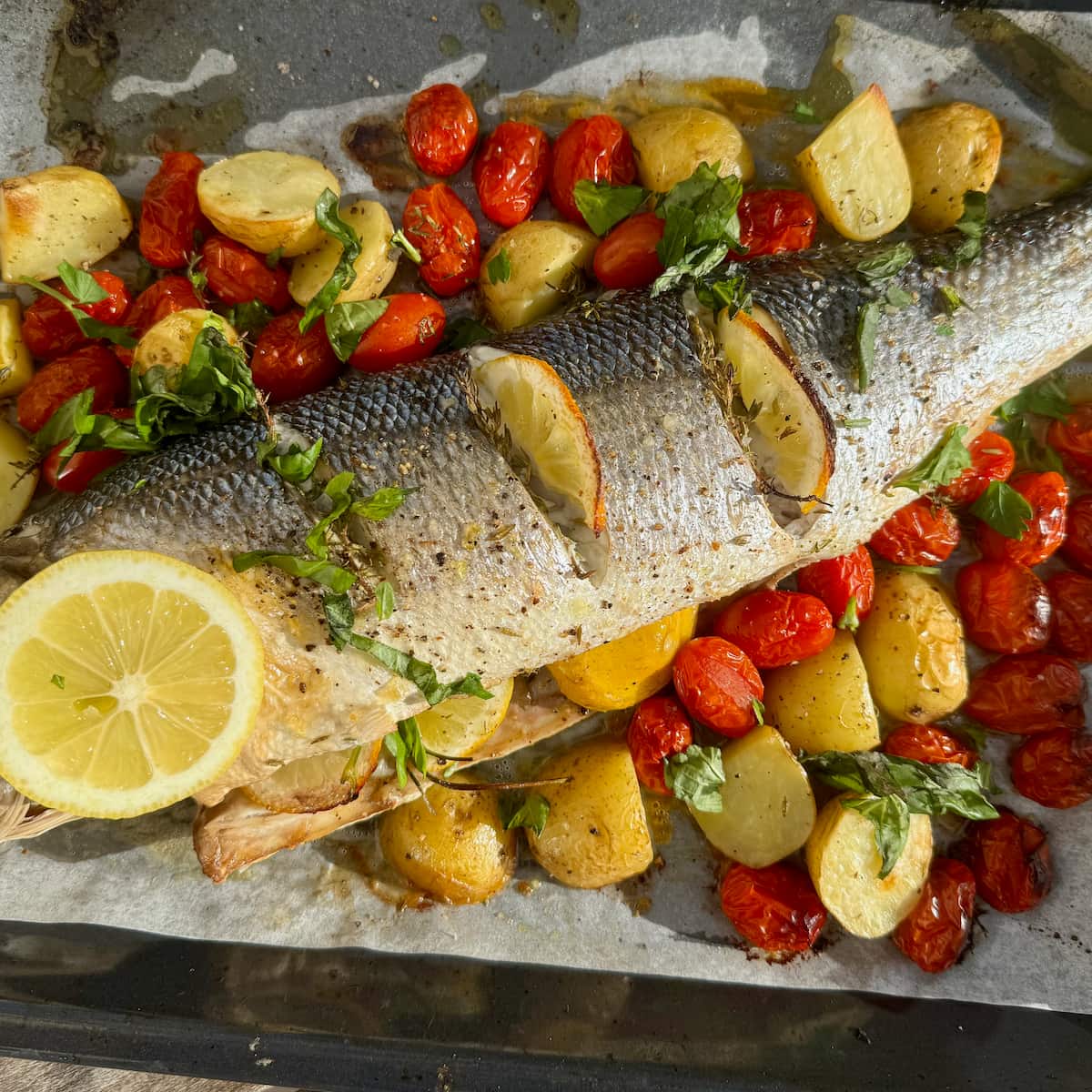 A tray of baked sea bass fish garnished with potatoes, cherry tomatoes, lemon, and herbs