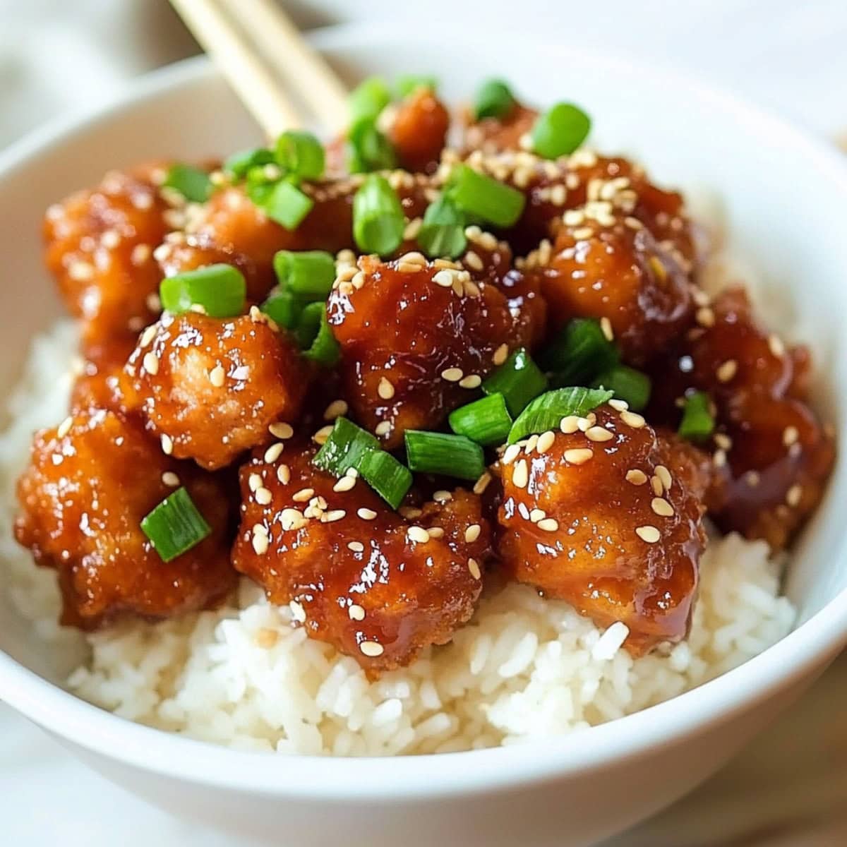 A bowl filled with crispy sesame chicken coated in a sweet sauce, garnished with sesame seeds and green onions.