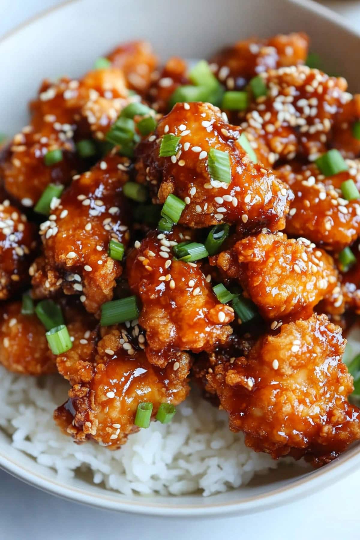 A bowl of crispy sesame chicken pieces garnished with chopped green onions, served over rice.