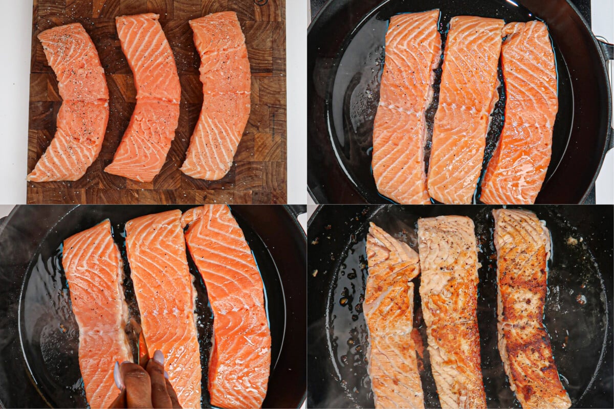 Searing salmon in a skillet