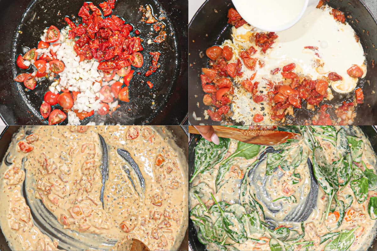 The ingredients for the sauce, including tomatoes and spinach