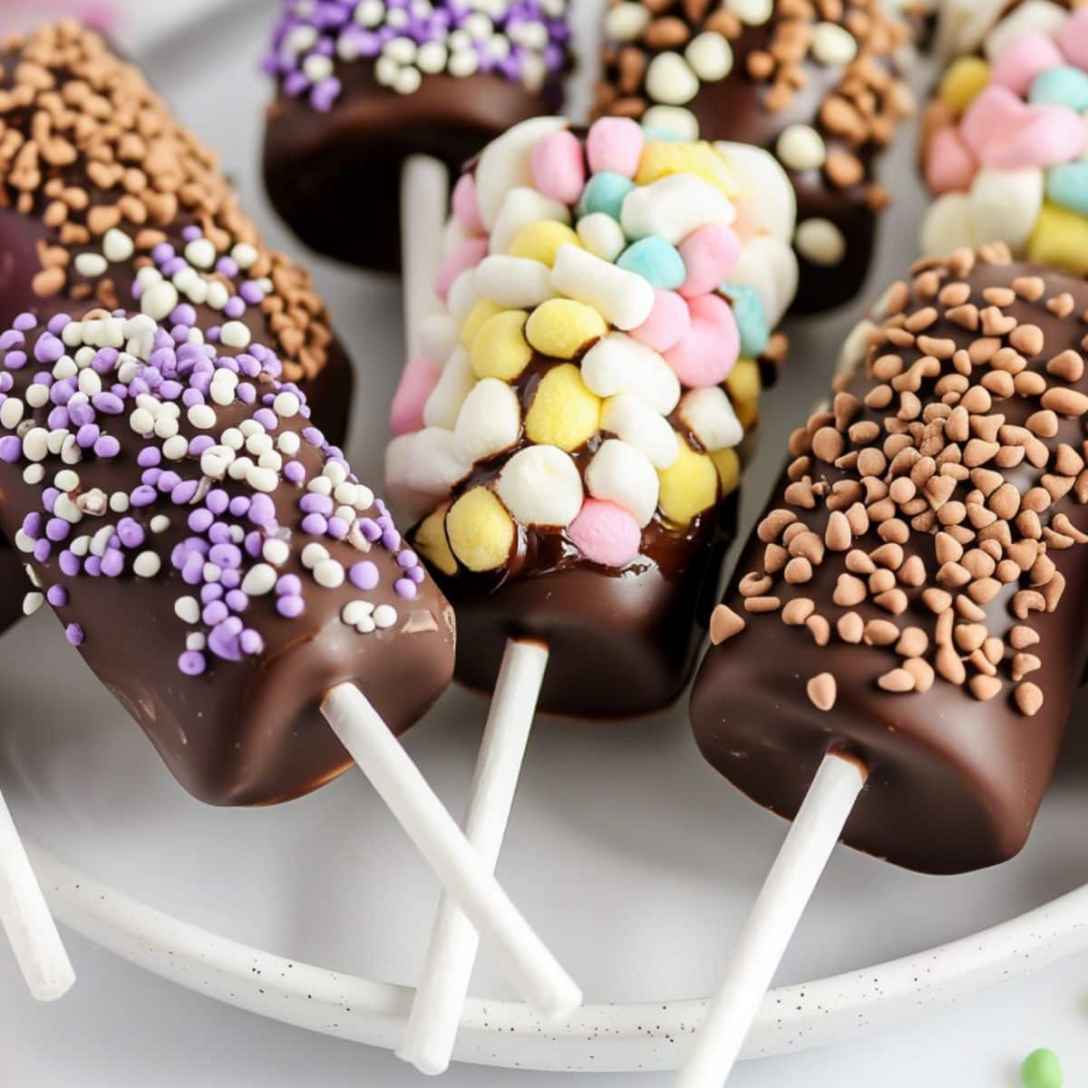Bunch of chocolate-covered marshmallows skewered on sticks decorated with mini marshmallows and sprinkles.