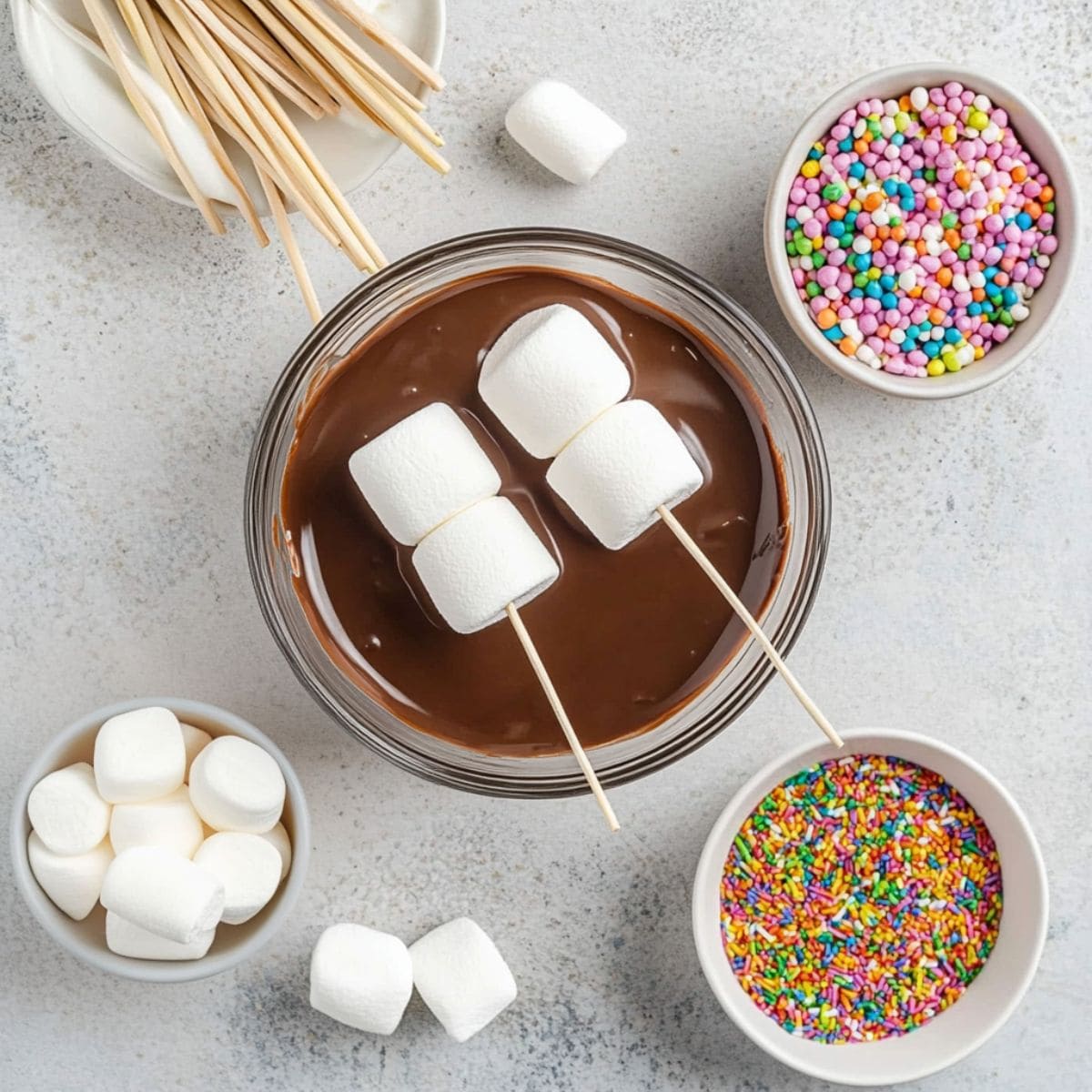 Marshmallows skewered on stick dipped in a glass bowl with melted chocolate next to bowls of candy sprinkles.