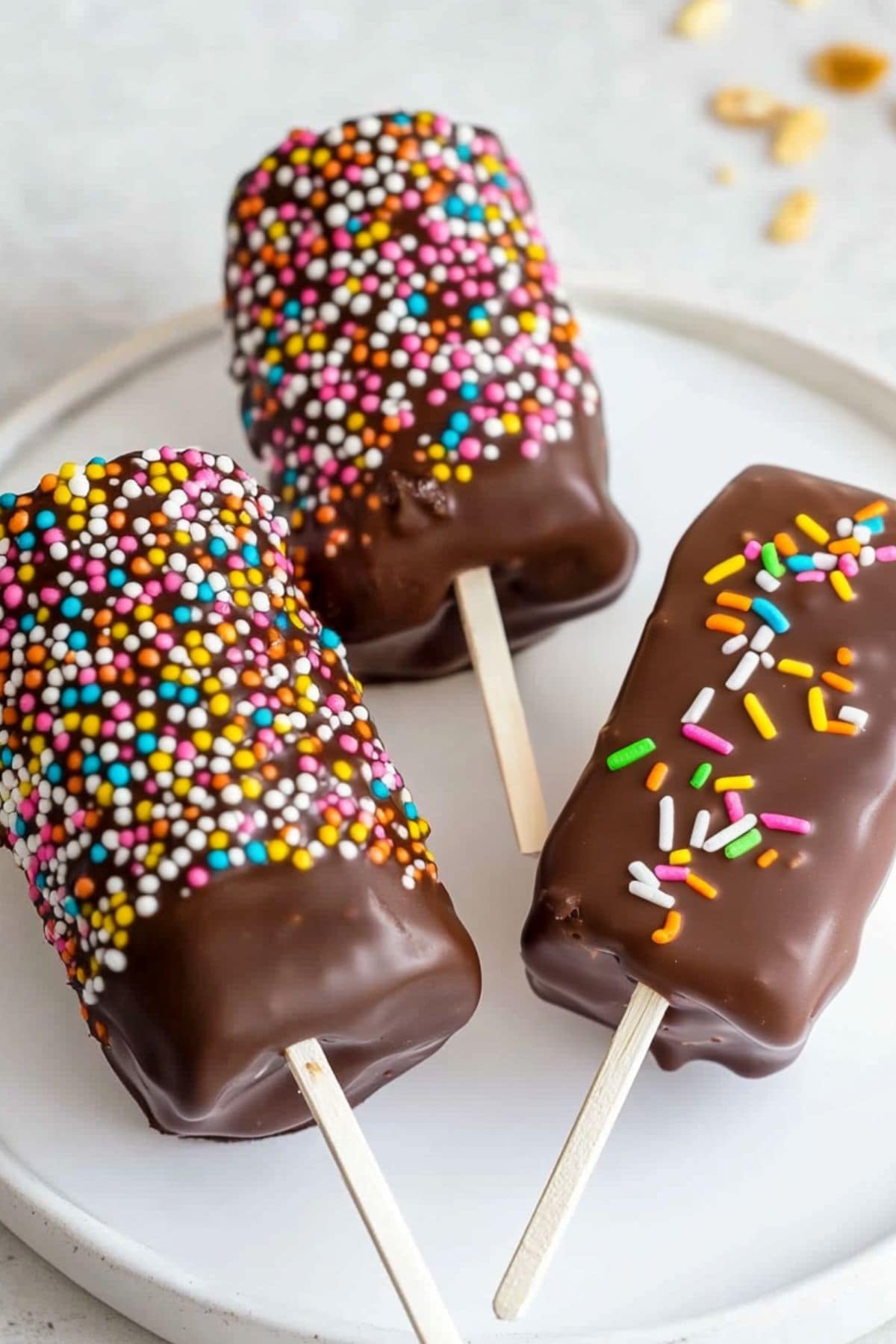 Chocolate covered marshmallow pops decorated with candy sprinkles served on a white plate.