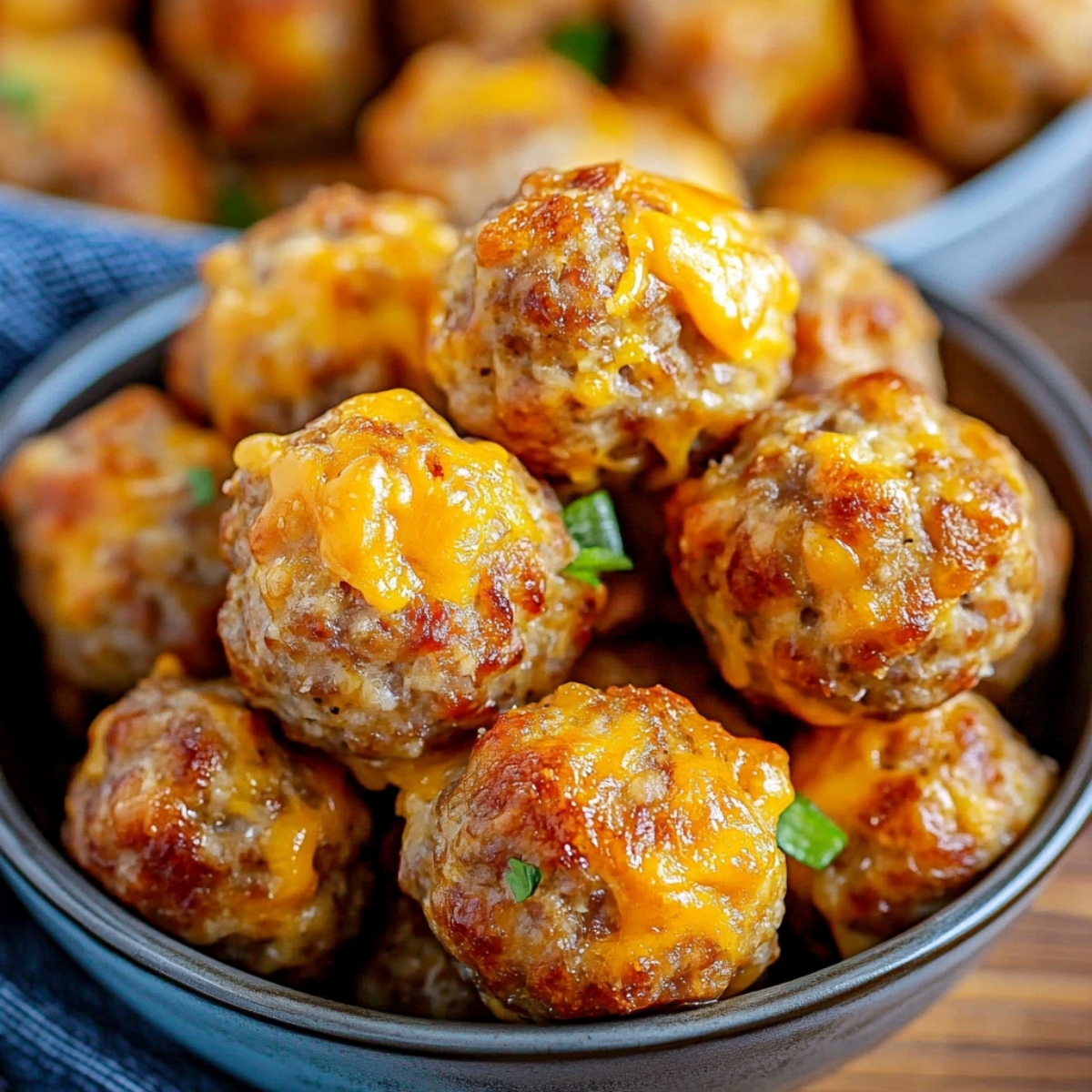 Pancake sausage balls with melted cheese served in a blue bowl.
