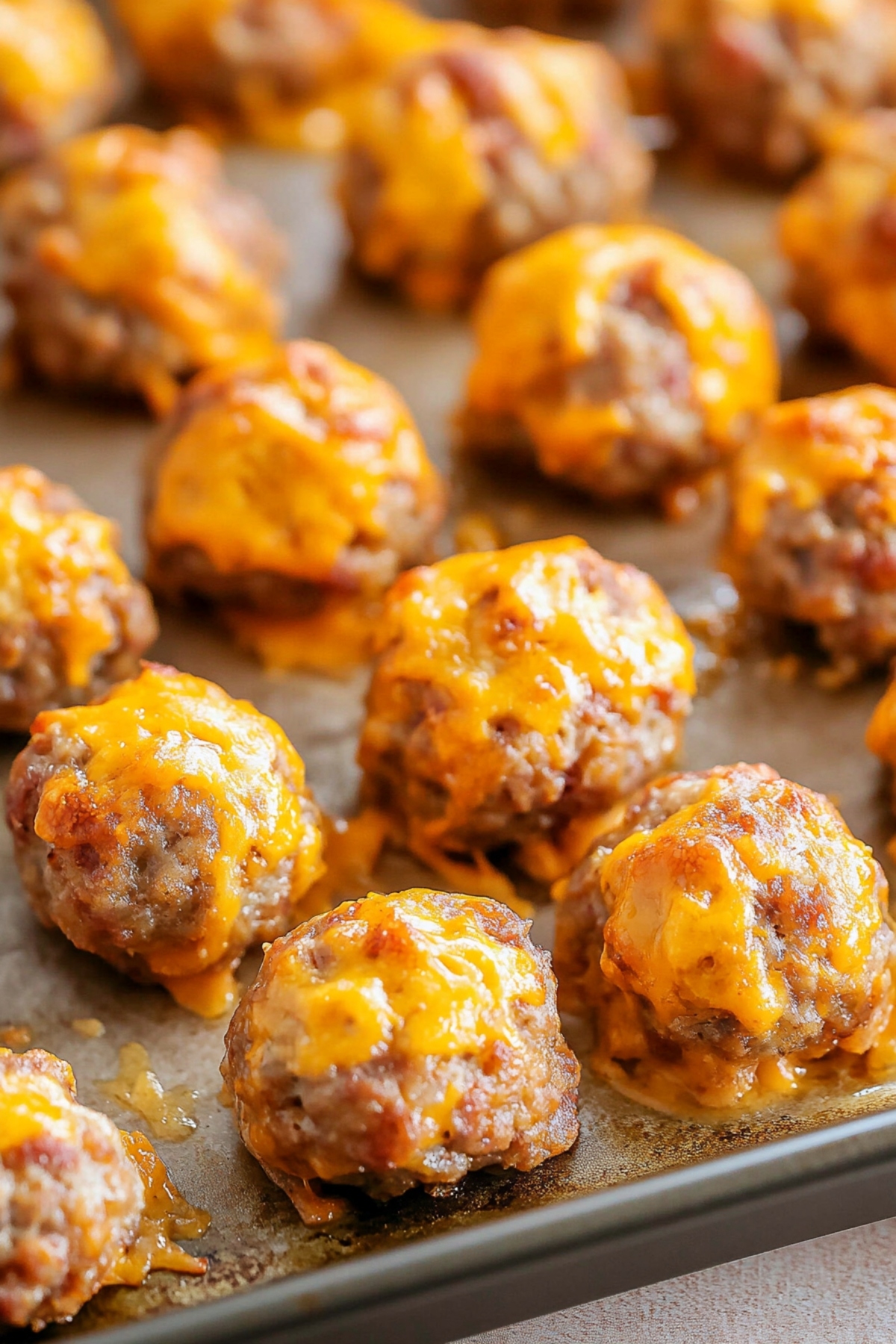 Pancake sausage balls arranged in a row on a baking pan.