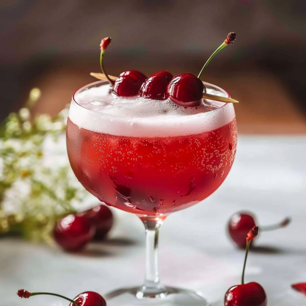Cherry vanilla fizz in a cocktail glass garnished with cherries on stick on top.