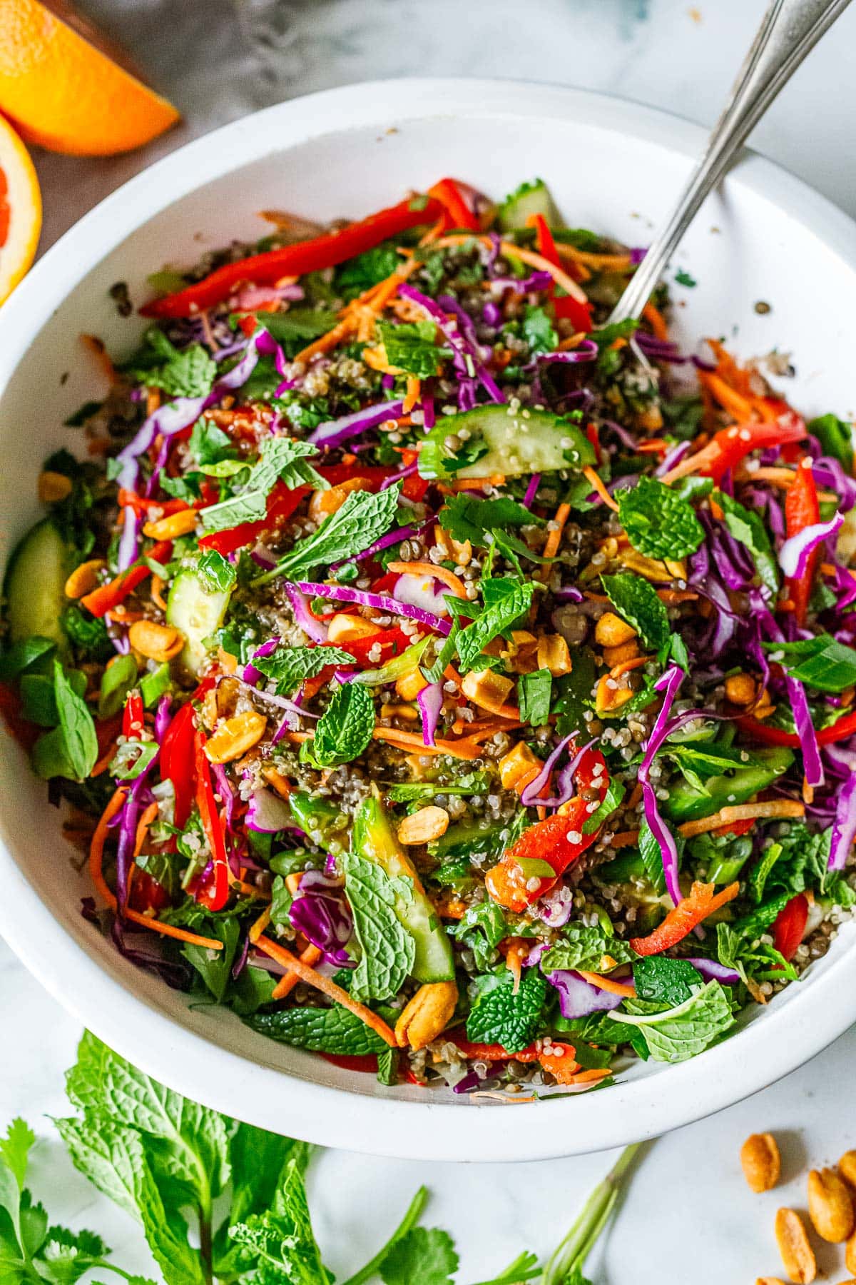 A colorful bowl filled with quinoa lentil salad, showcasing shredded cabbage, carrots, bell peppers, cucumbers, peanuts, and mint.