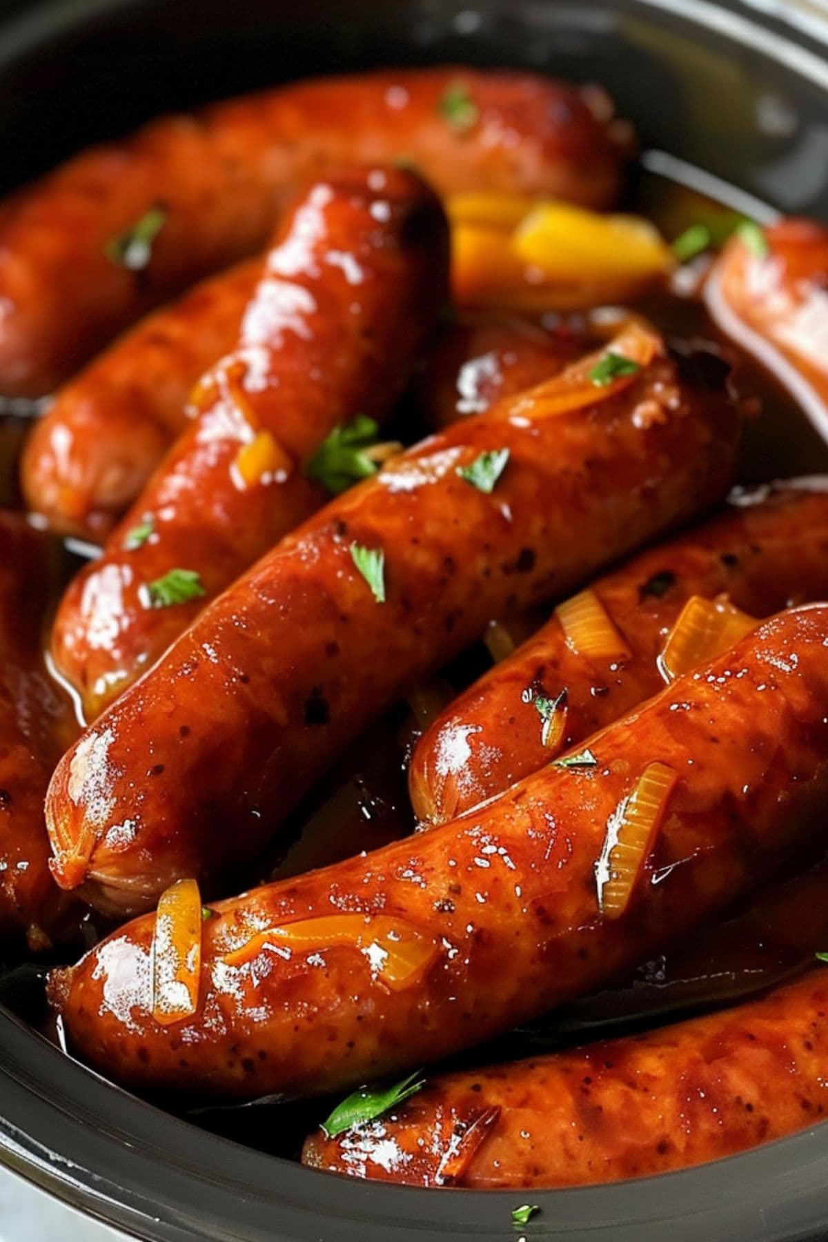 Sausages cooked with savory gravy inside a crockpot.