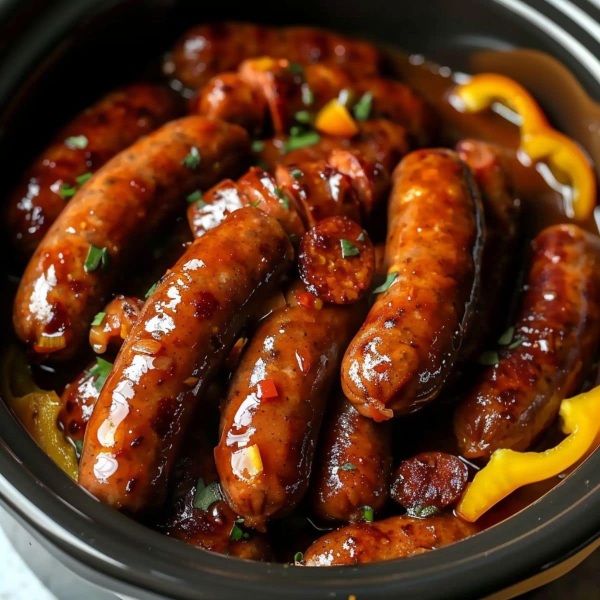 Sausages cooked with savory gravy sauce inside a crockpot.