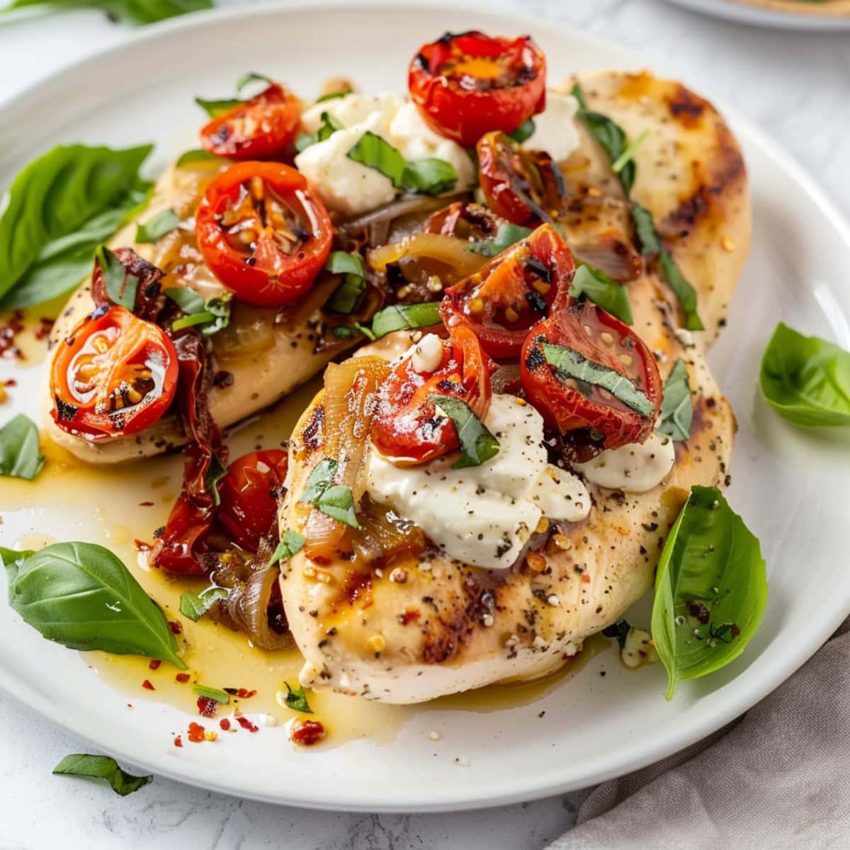 Grilled chicken breast with sun-dried tomato sauce and goat cheese on top.