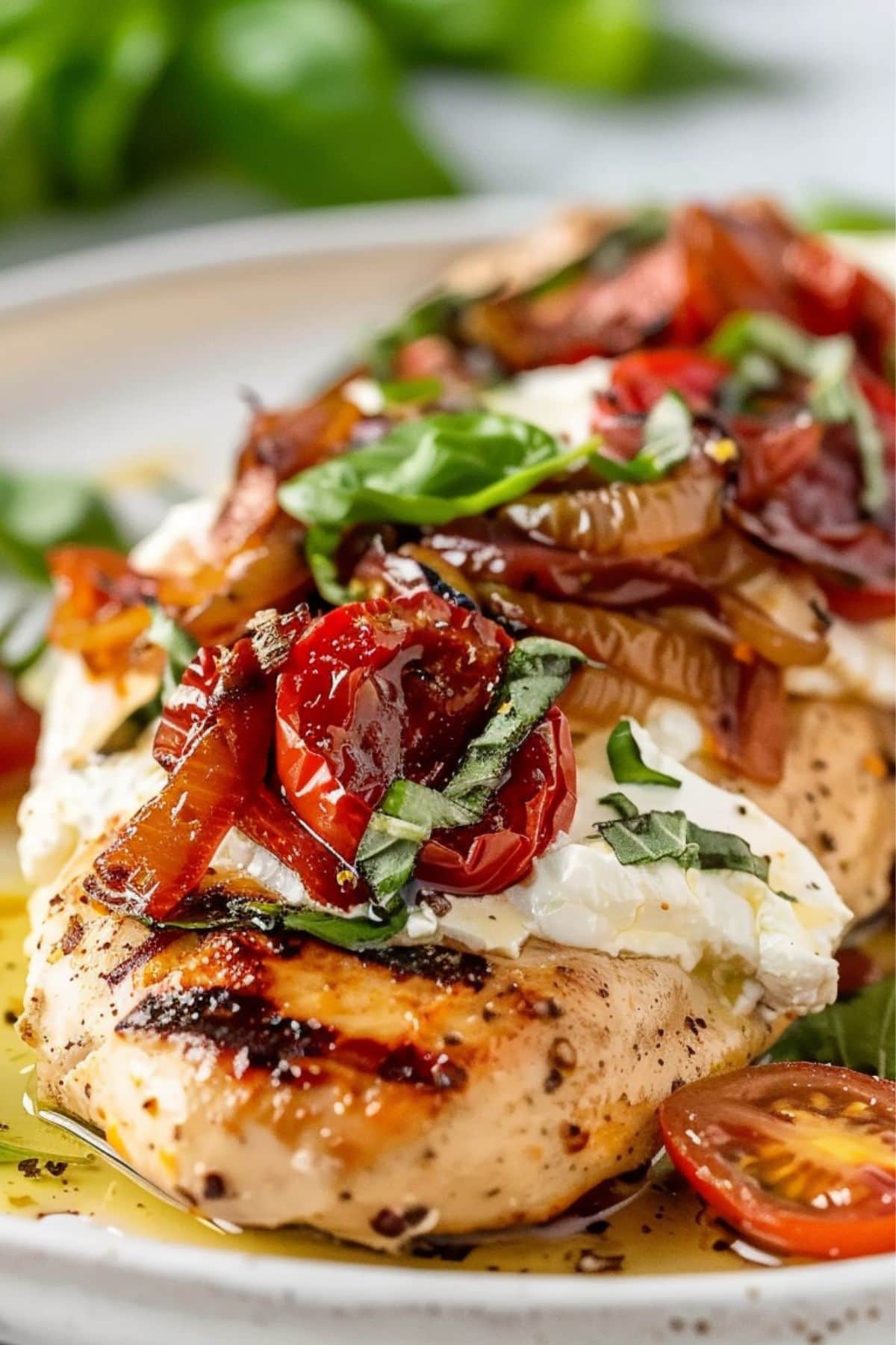 Grilled chicken breast with sun-dried tomatoes and melted goat cheese garnished with parsley.