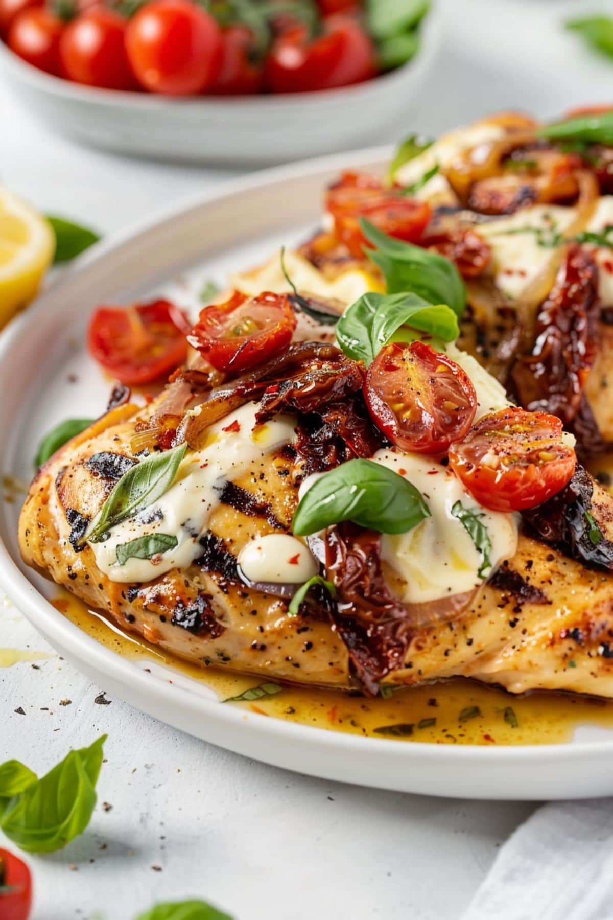 Tender grilled chicken with creamy goat cheese and vibrant sun-dried tomatoes in lemon butter sauce
