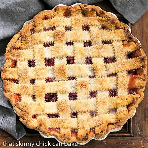 Overhead view of Classic Rhubarb Pie in a pie plate.