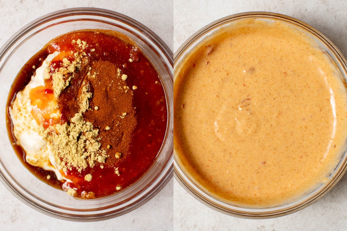 Mixing together all of the ingredients for the Bang Bang Sauce in a bowl.