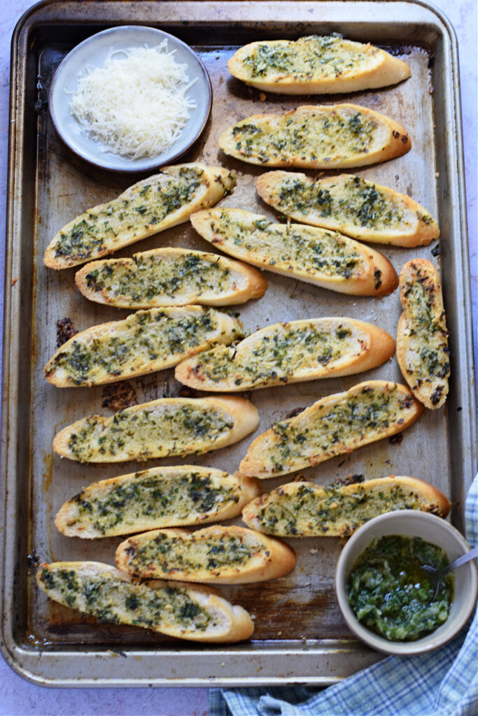 Garlic parmesan crostini on a tray