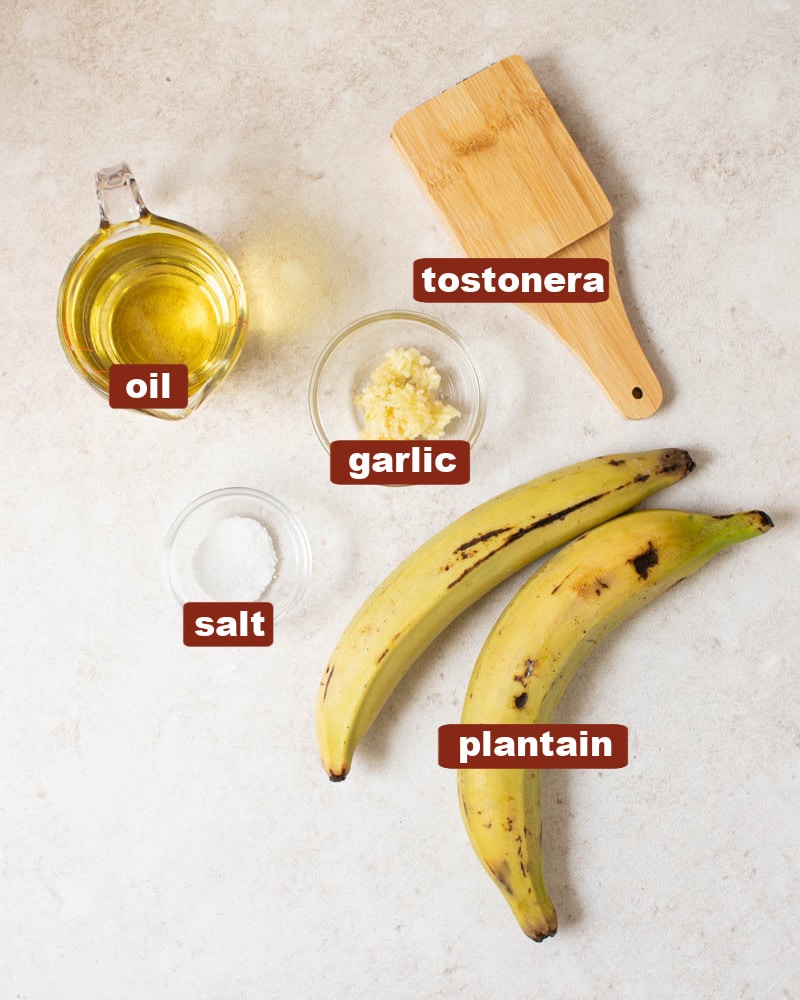 Ingredients for tostones on a countertop, including oil, garlic, salt, green plantains, and a tostonera