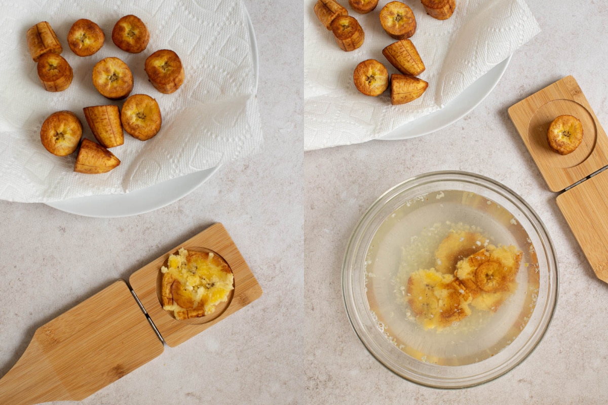 Using a tostonera to flatten fried green plantains