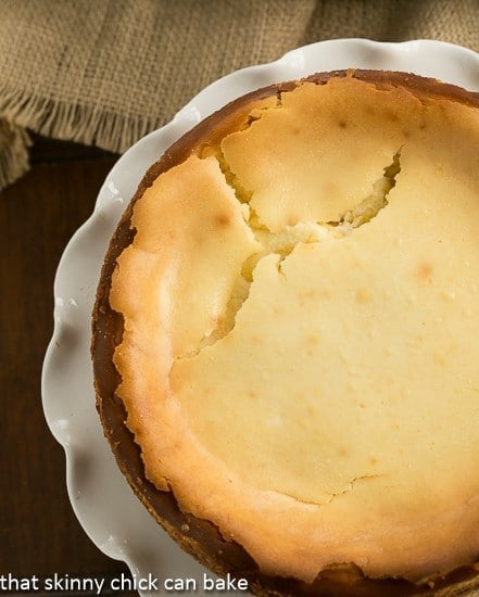 Lemon Bar Cheesecake with cracks after baking.