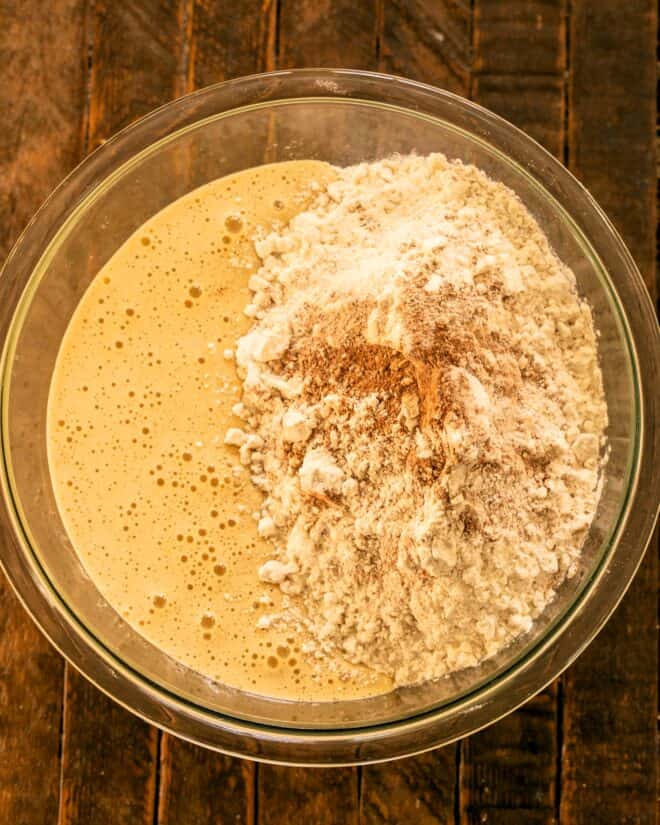Mixing dry ingredients with wet ingredients.