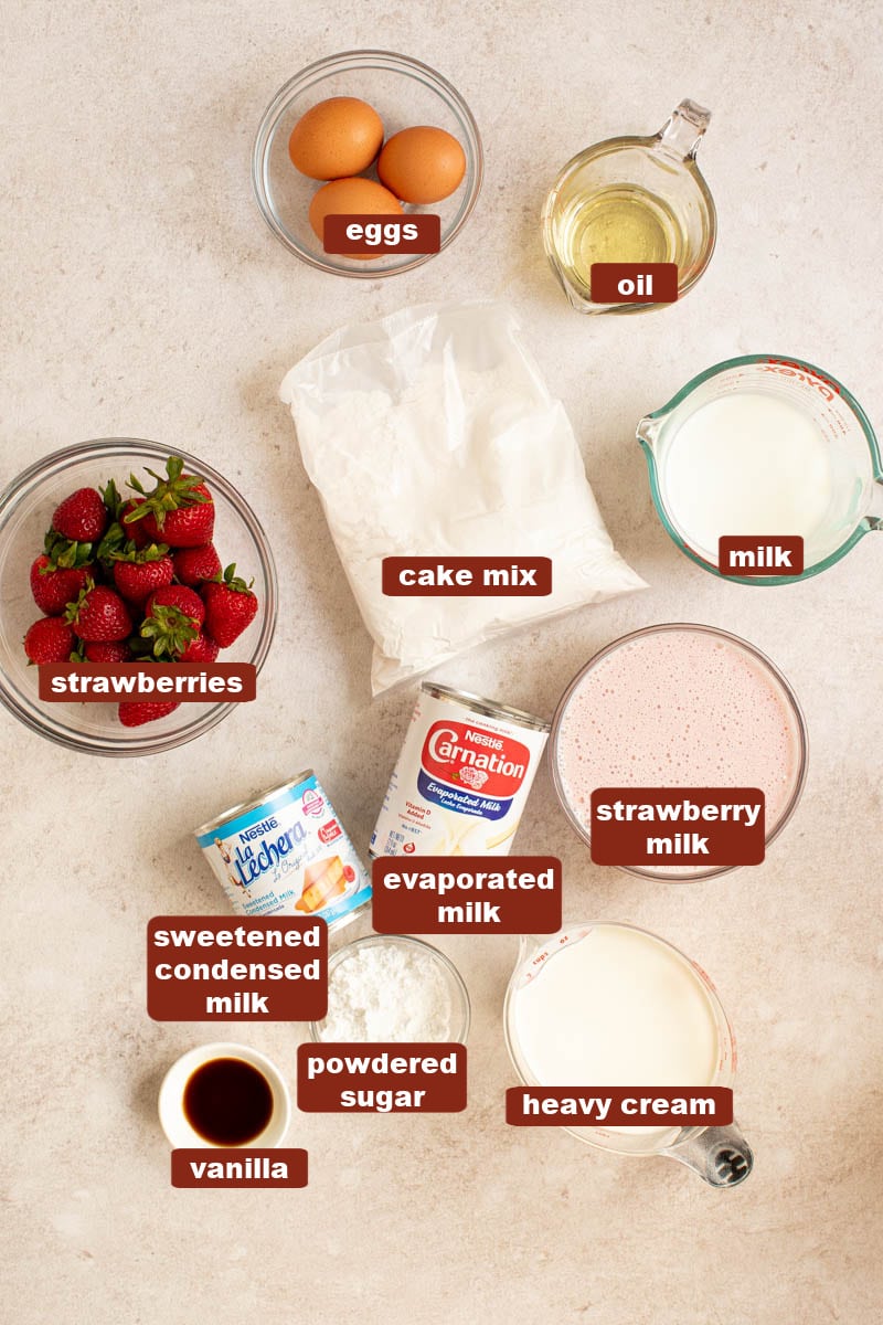 Ingredients for strawberry tres leches cake in bowls on a countertop, including cake mix, eggs, oil, milk, strawberry milk, evaporated milk, sweetened condensed milk, heavy cream, powdered sugar, vanilla, and strawberries.