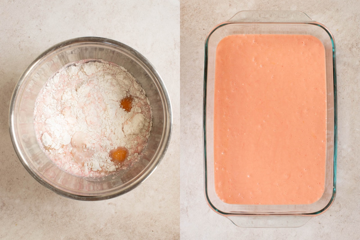 Mixing the cake batter before baking for strawberry tres leches.