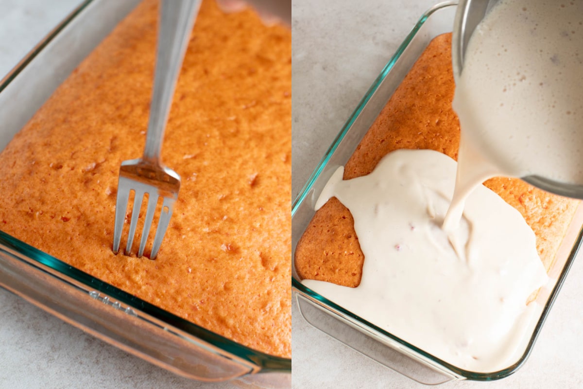 Poking the cake and pouring the tres leches milk mixture over it.