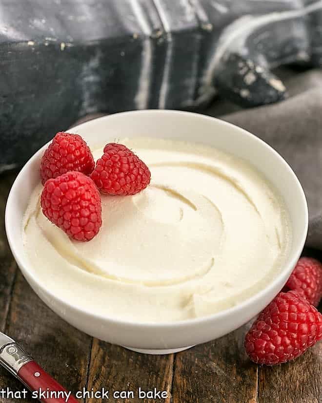 Homemade Mascarpone Cheese in a white bowl.