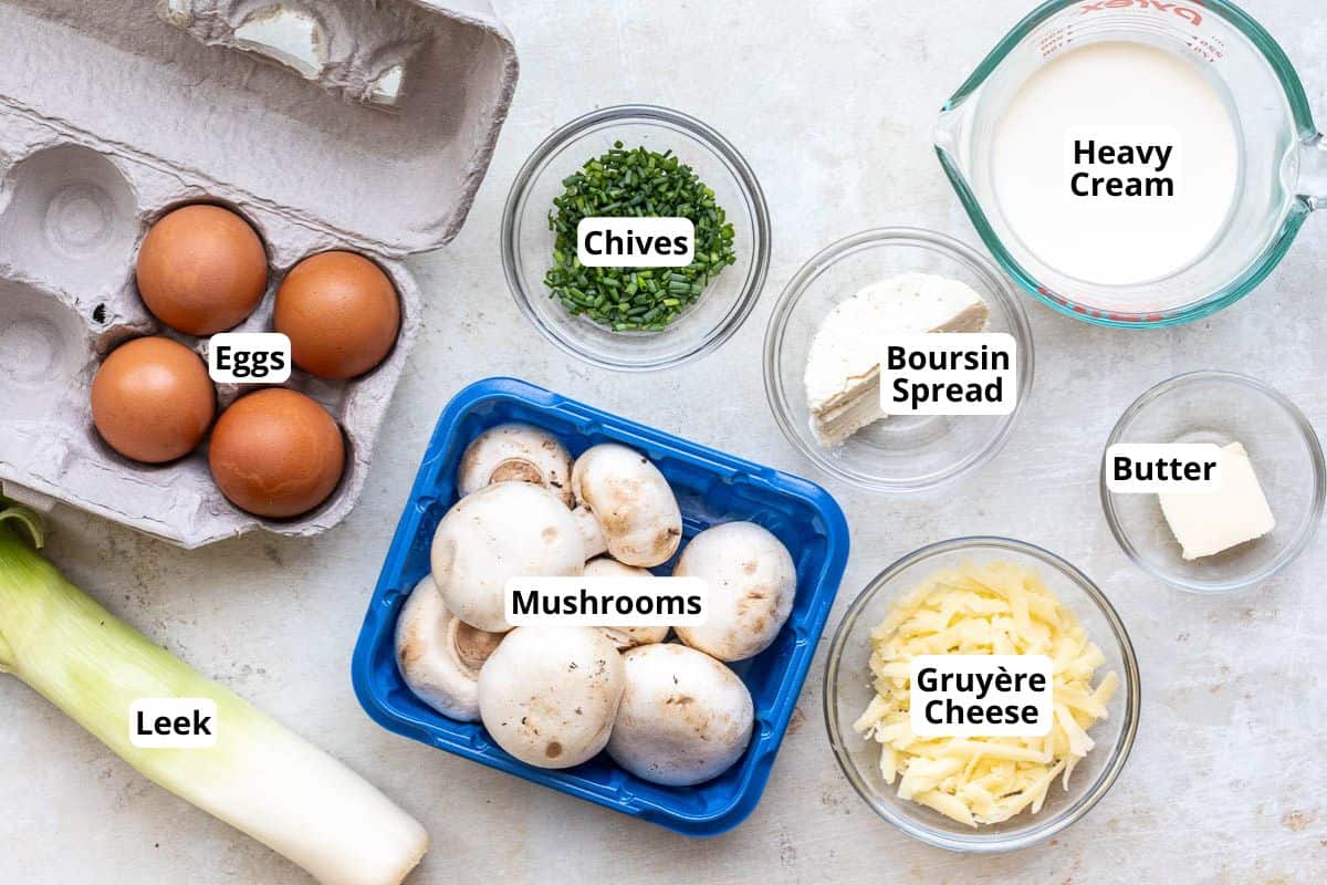 Labeled ingredients for Oeufs Cocotte on a countertop.