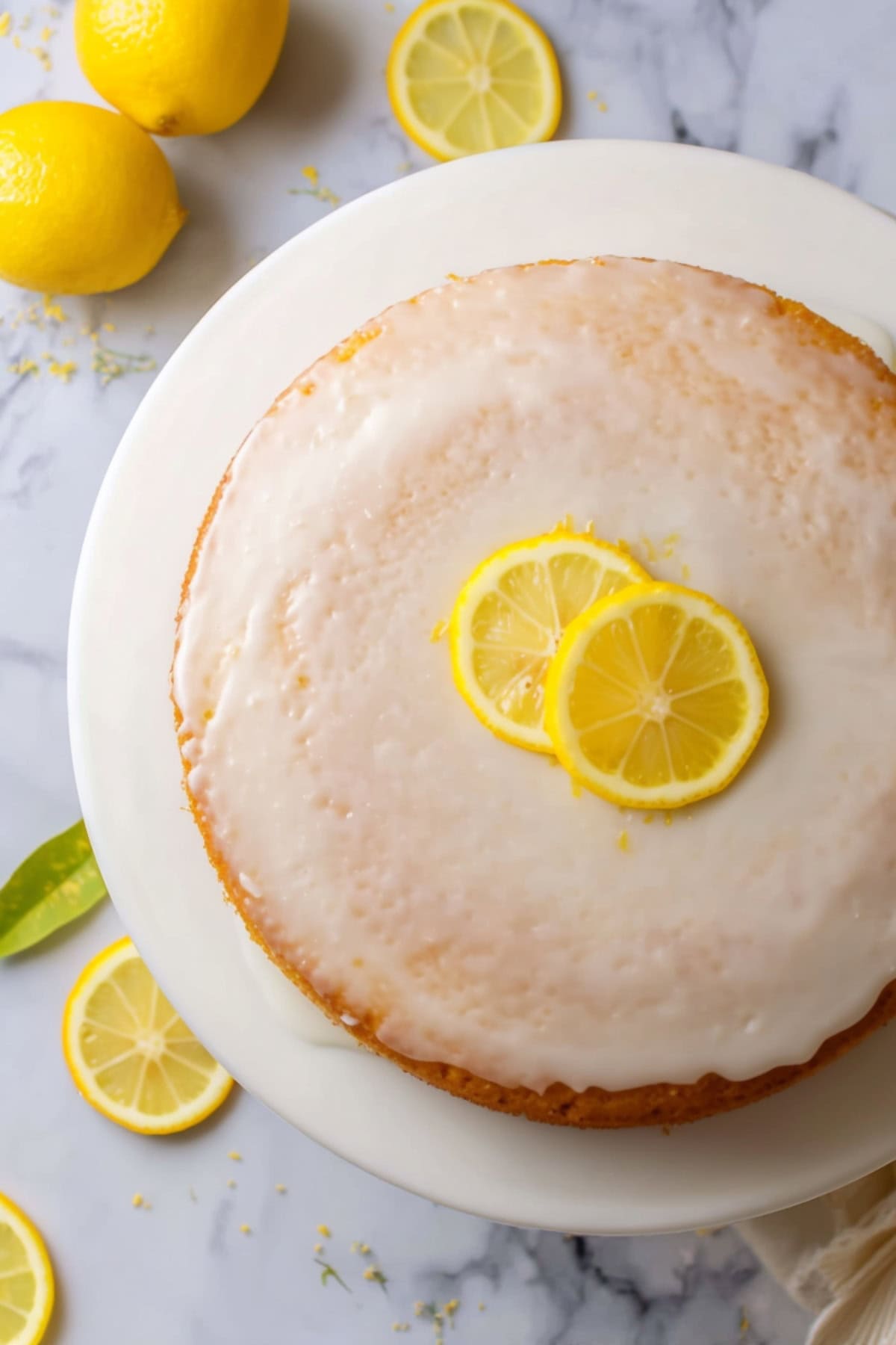 Lemon olive oil cake on a white cake stand, topped with glaze and two lemon slices.