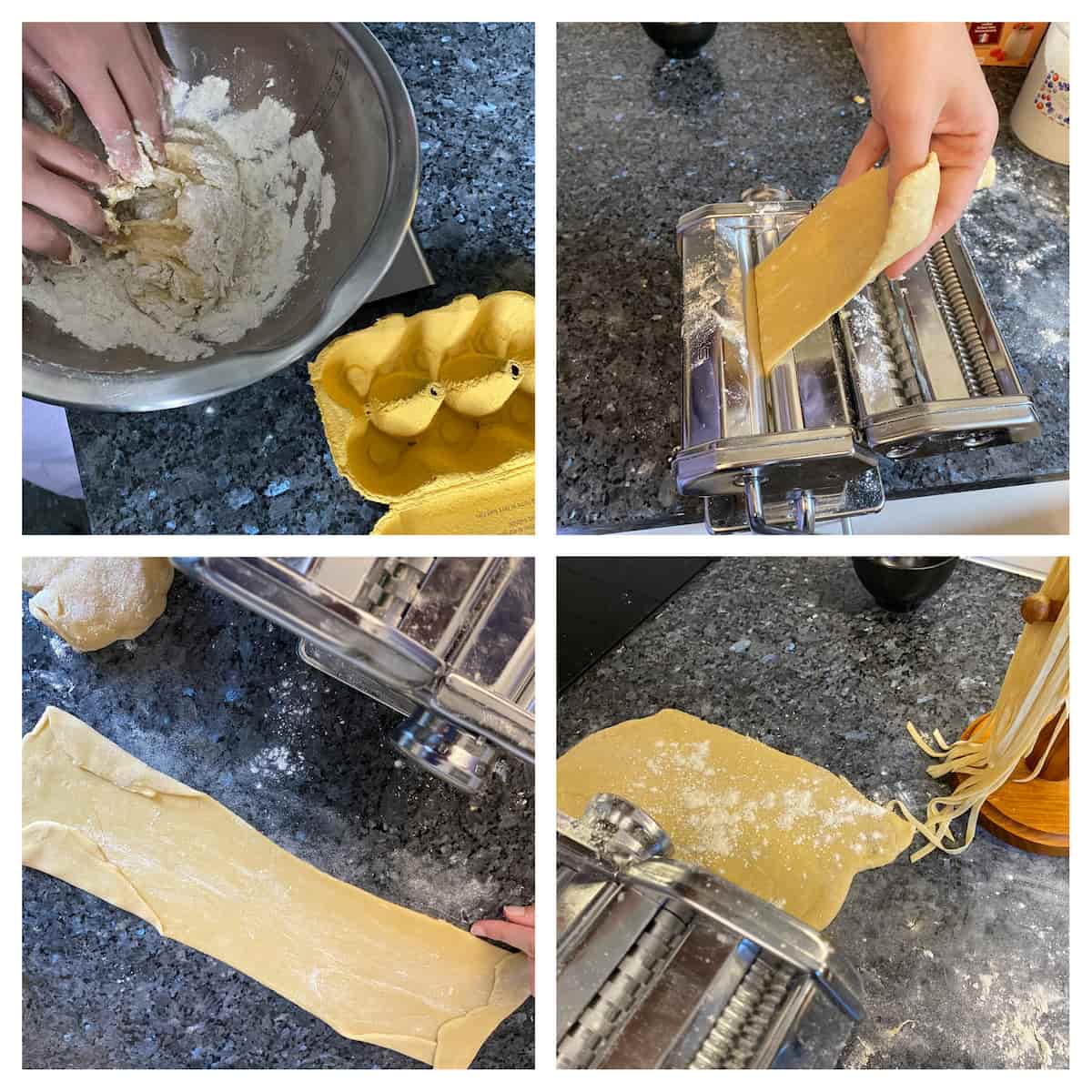 Step-by-step illustrations of making egg noodles