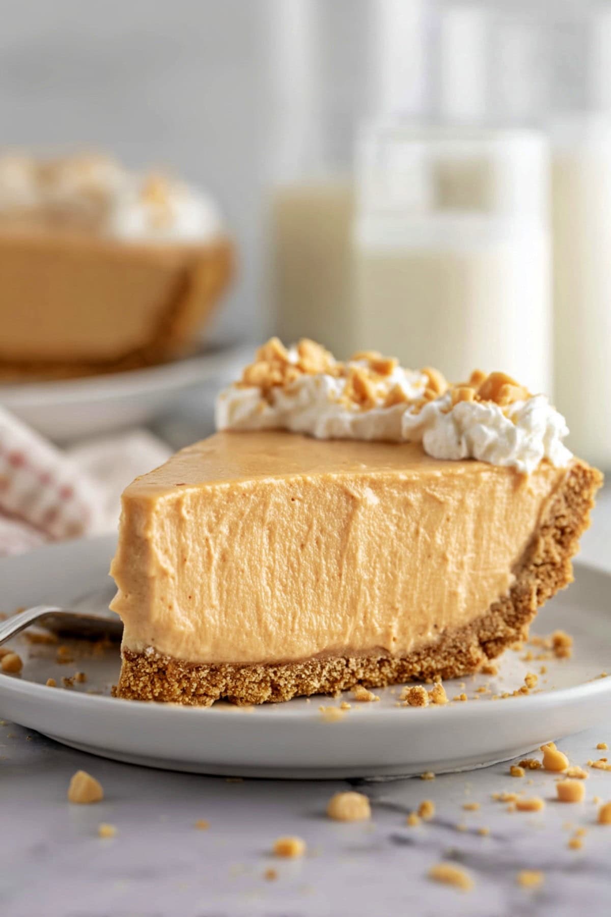 A slice of Dolly Parton's Peanut Butter Pie, topped with whipped cream and chopped nuts.