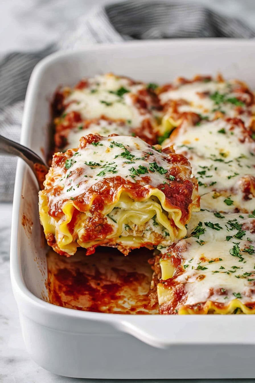 A cheesy lasagna roll up lifted from a white baking dish.