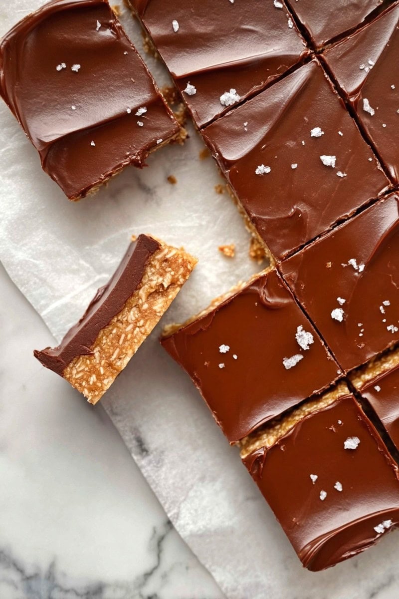 Oh Henry Bars sliced into squares, finished with flaky sea salt.