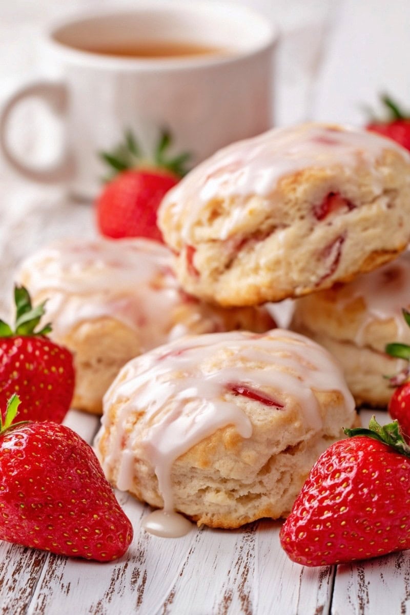Strawberry biscuits topped with vanilla glaze, surrounded by fresh strawberries.