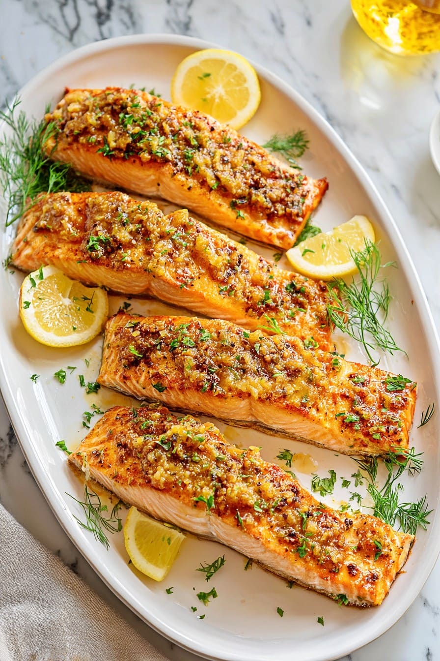 Baked Dijon Salmon fillets with lemon slices on a platter.