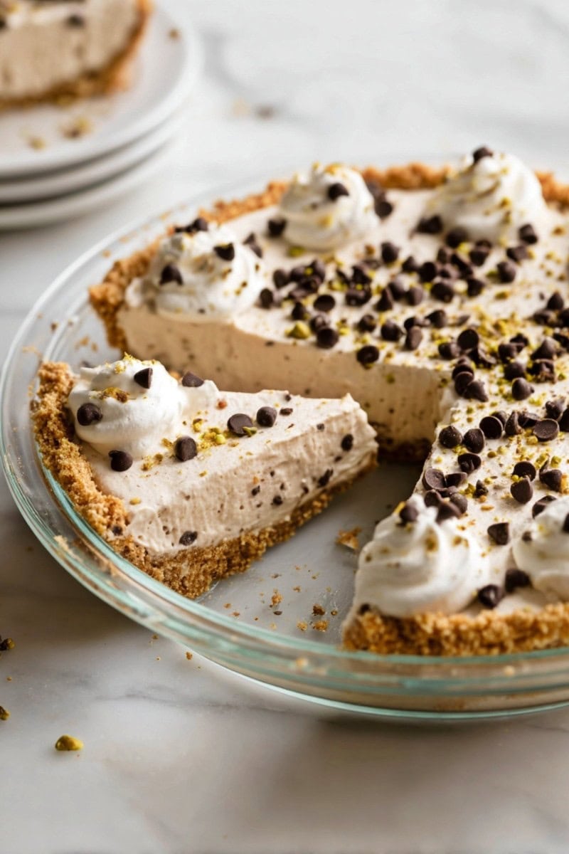 Cannoli Pie topped with mini chocolate chips, chopped pistachios, and whipped cream.