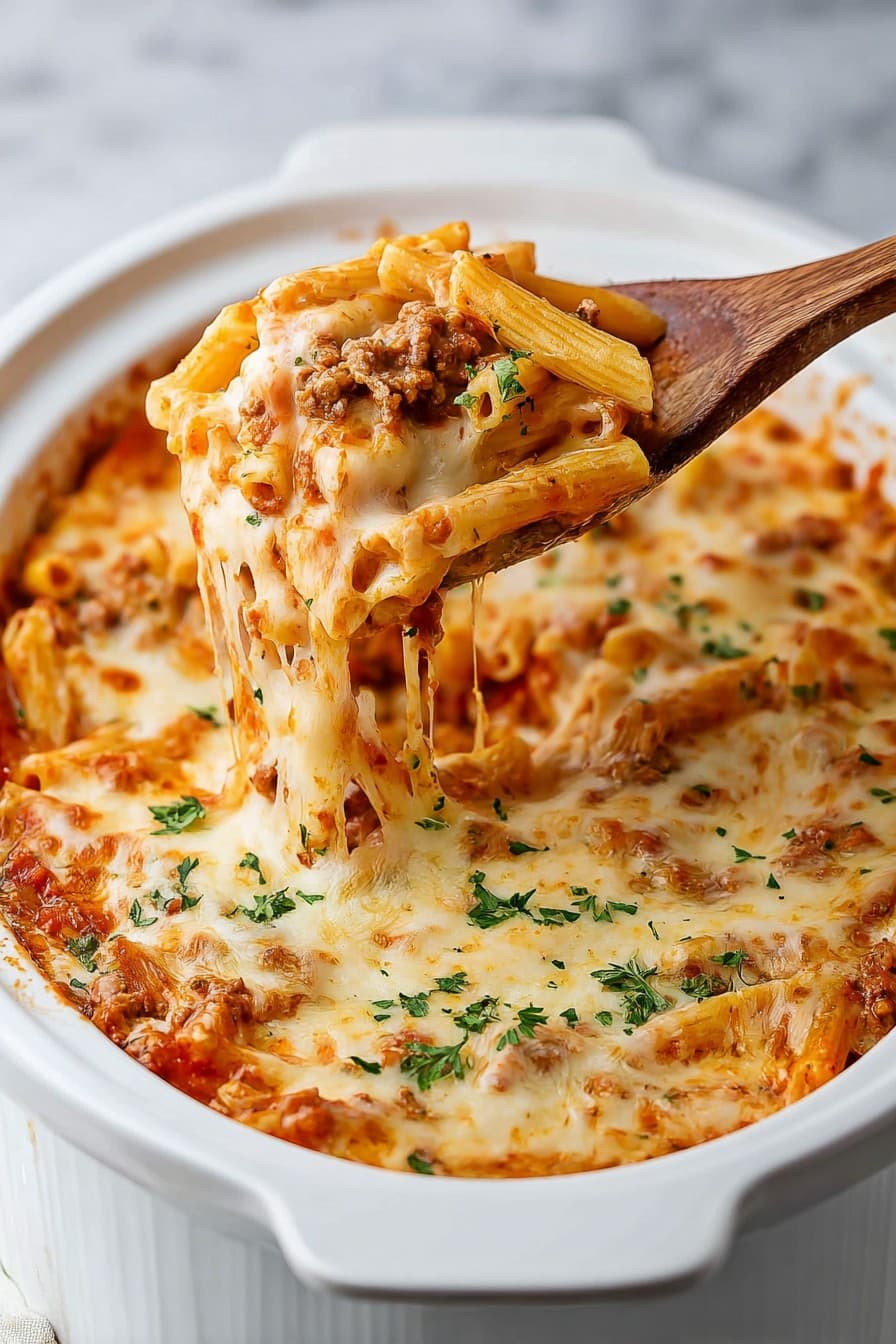 Crock Pot Baked Ziti in a slow cooker, with a wooden spoon lifting a scoop of it.