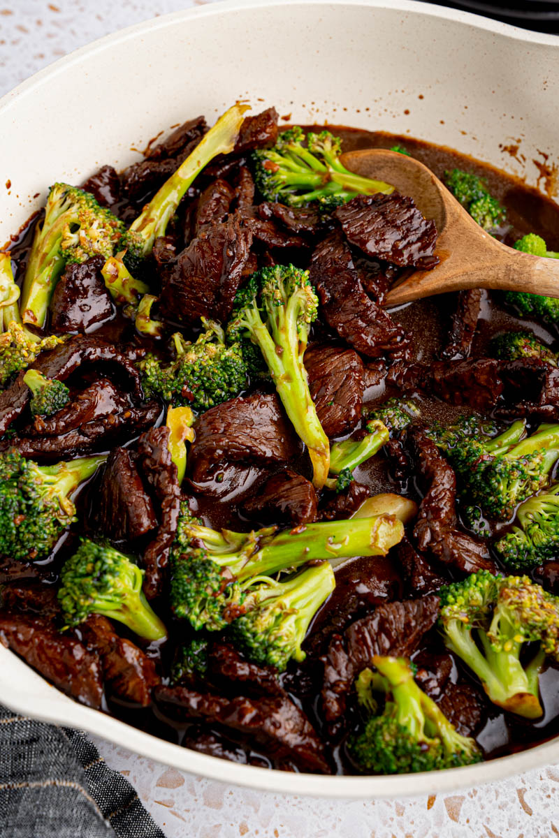 Cooked Beef and Broccoli Stir Fry in a skillet